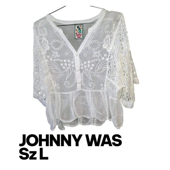 JOHNNY WAS SzL White All Over Heavily Embroided Eyelet S/S Cupro Blouse Boho Top - Picture 1 of 7